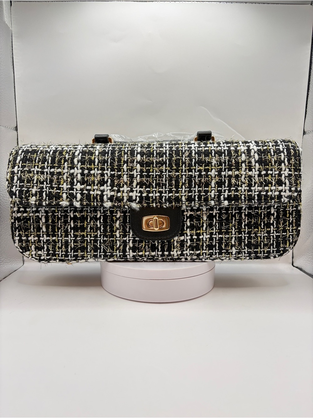 Elegant Black & White Tweed Shoulder Bag